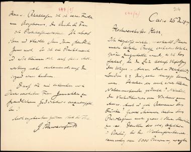 Letter sent by Schweinfurt, G. to Schliemann, Heinrich, 1887