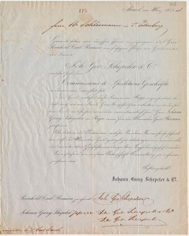 Letter sent by Schepeller, J. G. & Co. to Schliemann, Heinrich, 1855