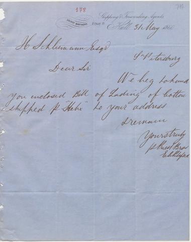 Letter sent by Priest Bros. to Schliemann, Heinrich, 1860