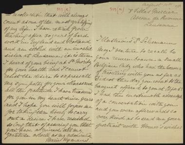 Letter sent by Hymans, Marie to Schliemann, Heinrich, 1885