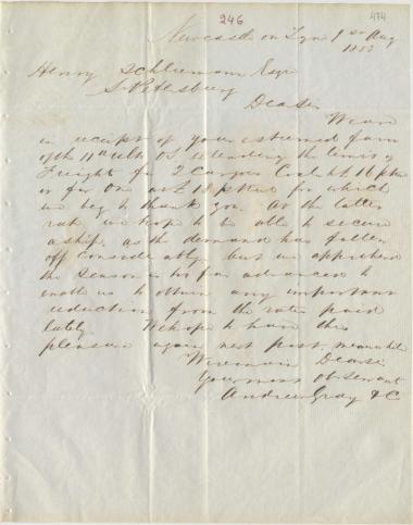 Letter sent by Gray, Andrew & Co. to Schliemann, Heinrich, 1853