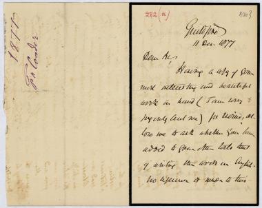 Letter sent by Conder, Francis Roubiliae to Schliemann, Heinrich, 1877