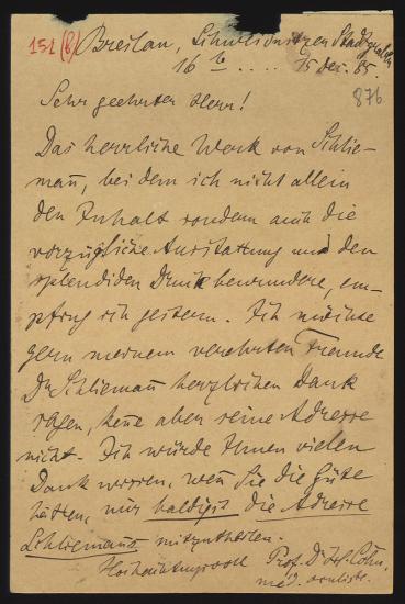 Letter sent by Cohn, Hermann to Schliemann, Heinrich, 1885