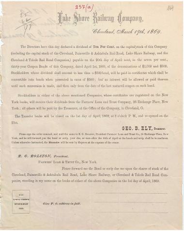 Letter sent by Lake Shore Railway Co. to Schliemann, Heinrich, 1869