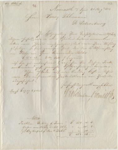 Letter sent by Boldemann, Borries & Co. to Schliemann, Heinrich, 1853