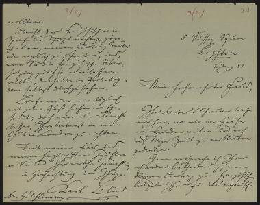 Letter sent by Blind, Karl to Schliemann, Heinrich, 1881