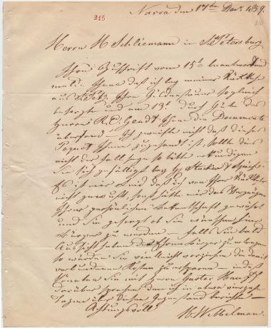 Letter sent by Wibbelmann, Hermann to Schliemann, Heinrich, 1859