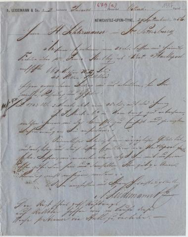 Letter sent by Leidemann, A. & Co. to Schliemann, Heinrich, 1856