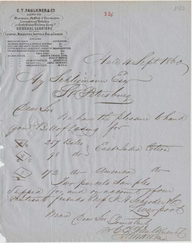 Letter sent by Faulkner, C. F. & Co. to Schliemann, Heinrich, 1860