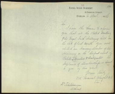 Letter sent by Royal Irish Academy to Schliemann, Heinrich, 1886