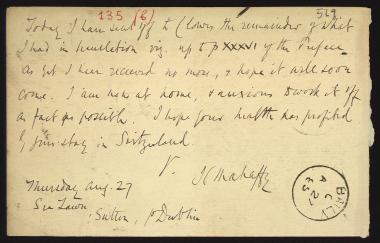 Letter sent by Mahaffy, John Pentland to Schliemann, Heinrich, 1885