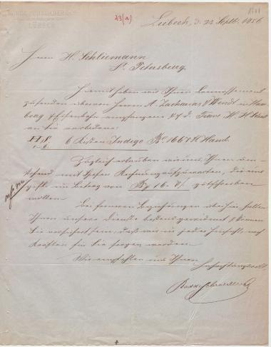 Letter sent by Rodde, Schroeder & Co. to Schliemann, Heinrich, 1856