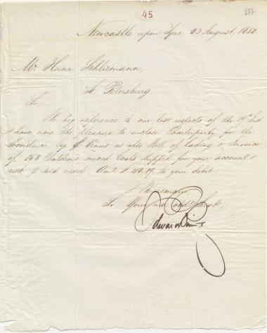 Letter sent by Bilton, Edward & Co. to Schliemann, Heinrich, 1850