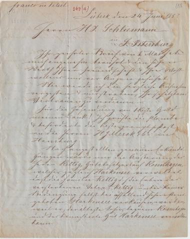 Letter sent by Witte, D. G. to Schliemann, Heinrich, 1857