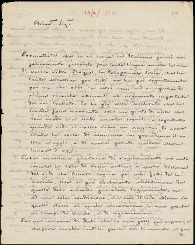 Letter sent by Bianconi, Giuseppe G. to Schliemann, Heinrich, 1872