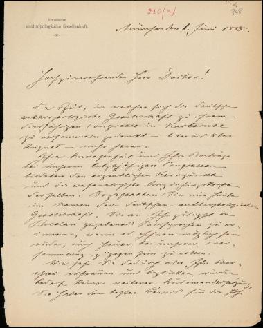 Letter sent by Ranke, Johannes to Schliemann, Heinrich, 1885
