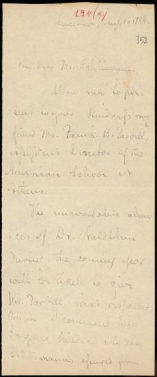Letter sent by Dyer, Louis to Schliemann, Heinrich, 1888