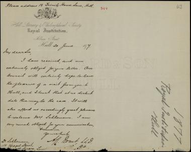 Letter sent by Rollit, A. K. to Schliemann, Heinrich, 1877