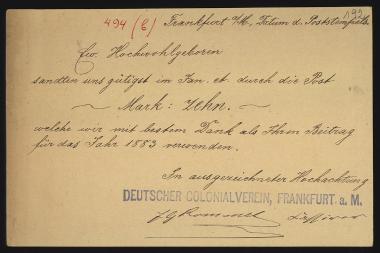Letter sent by Deutscher Kolonialverein zu Frankfurt am Main to Schliemann, Heinrich, 1883