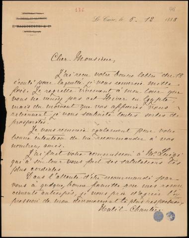 Letter sent by Chantiri, Kalil to Schliemann, Heinrich, 1888