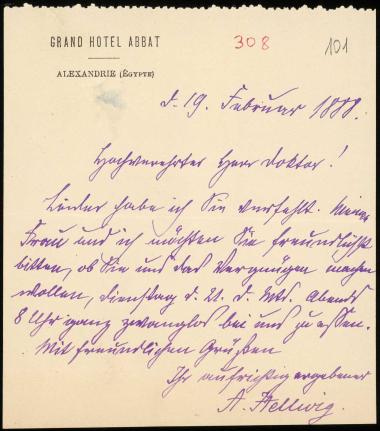 Letter sent by Hellwig, A. to Schliemann, Heinrich, 1888
