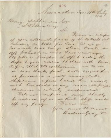 Letter sent by Gray, Andrew & Co. to Schliemann, Heinrich, 1853