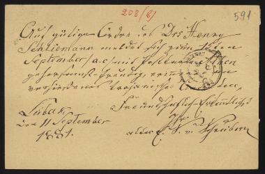 Letter sent by Schreiber, S. to Schliemann, Heinrich, 1881