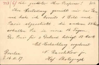 Letter sent by Raschkow, N. Jr. to Schliemann, Heinrich, 1887