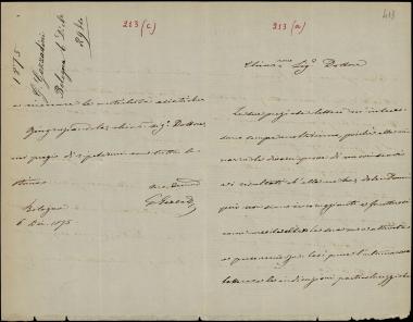Letter sent by Gozzadini, G. to Schliemann, Heinrich, 1875
