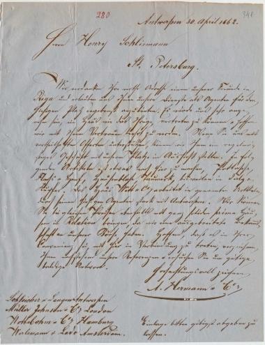 Letter sent by Hermann, A. & Co. to Schliemann, Heinrich, 1862
