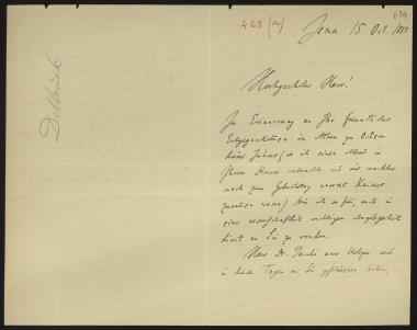 Letter sent by Delbrück, B. to Schliemann, Heinrich, 1881