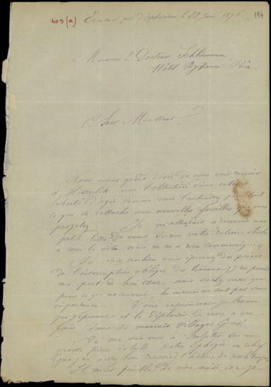 Letter sent by Racine, Claude to Schliemann, Heinrich, 1876