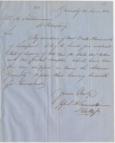 Letter sent by Samuelson, S. H. to Schliemann, Heinrich, 1860
