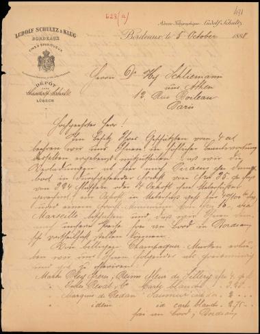 Letter sent by Schultz, Ludolf & Klug to Schliemann, Heinrich, 1888