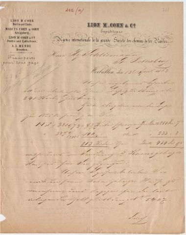 Letter sent by Cohn, Lion M. & Co. to Schliemann, Heinrich, 1863