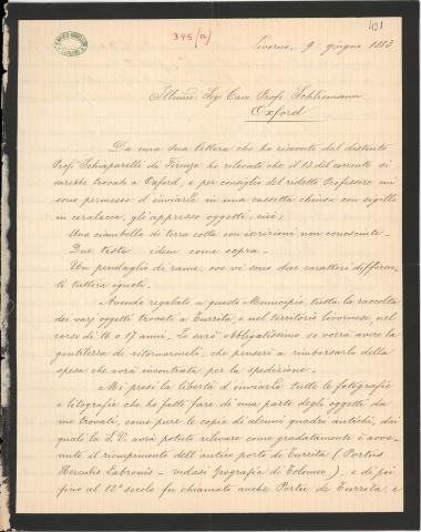 Letter sent by Chiellini, Enrico to Schliemann, Heinrich, 1883