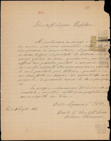 Letter sent by Vampa, Andrea to Schliemann, Heinrich, 1888