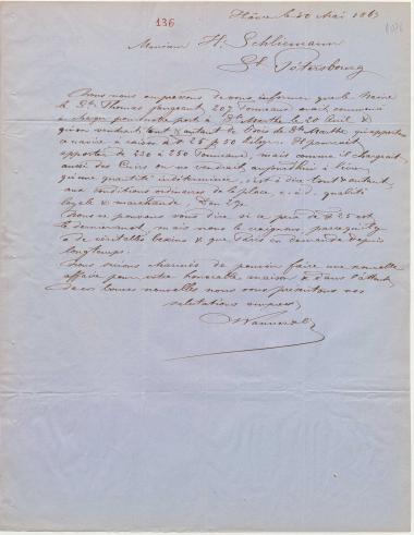 Letter sent by Langer, Wanner & Co. to Schliemann, Heinrich, 1863