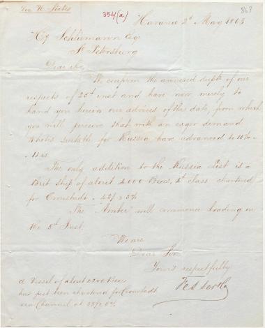 Letter sent by Fesser, F. & Co. to Schliemann, Heinrich, 1863