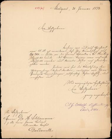 Letter sent by Cotta, J. G. to Schliemann, Heinrich, 1873