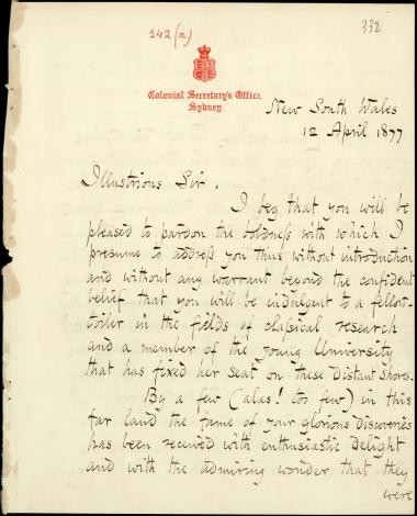 Letter sent by Beatty, J. J. M. to Schliemann, Heinrich, 1877