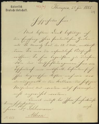 Letter sent by Thielman, ? to Schliemann, Heinrich, 1885