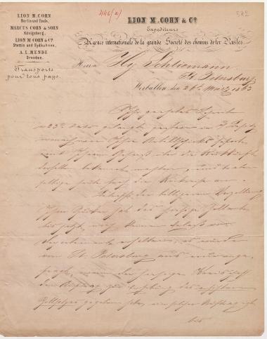 Letter sent by Cohn, Lion M. & Co. to Schliemann, Heinrich, 1863