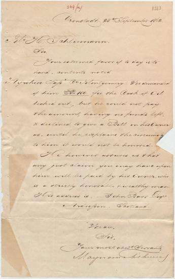 Letter sent by Maynard & Fishwicks to Schliemann, Heinrich, 1862