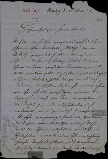 Letter sent by Wenzel, D. to Schliemann, Heinrich, 1875