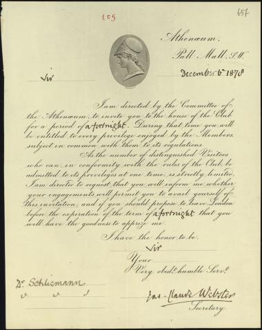 Letter sent by Athenaeum Club to Schliemann, Heinrich, 1878