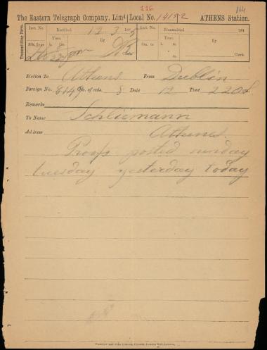 Letter sent by Mahaffy, John Pentland to Schliemann, Heinrich, 1885