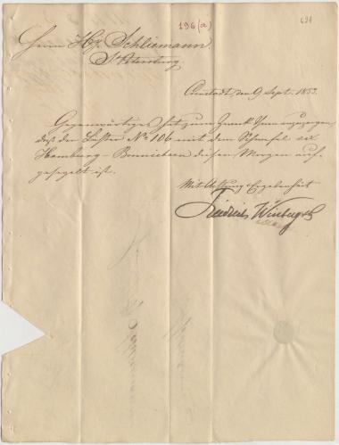 Letter sent by Winberg, Friedrich & Co. to Schliemann, Heinrich, 1853