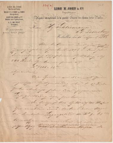 Letter sent by Cohn, Lion M. & Co. to Schliemann, Heinrich, 1863