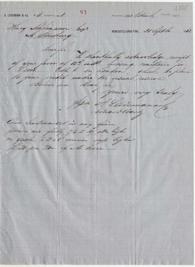 Letter sent by Leidemann, A. & Co. to Schliemann, Heinrich, 1862